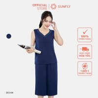 Đồ bộ mặc nhà nữ SUNFLY chất lanh thái dáng áo sát nách quần lửng ống sớ SP2194