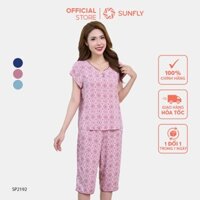 Đồ bộ mặc nhà nữ SUNFLY chất lanh lụa họa tiết áo cộc quần ngố SP2192