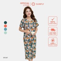 Đồ bộ mặc nhà nữ SUNFLY chất lanh lụa họa tiết áo cộc quần ngố SP2187