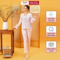 Đồ bộ mặc nhà Pijama lụa Pháp TƯỜNG LAM VINGO tay dài quần dài màu hồng mặc mùa Hè H1150 VNGO