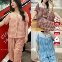 Đồ bộ mặc nhà Pijama nữ kẻ caro Lila Clothing cổ tròn,quần lửng,chất thô cotton Nhật [ Thoải mái - Thoáng mát] - C07