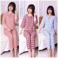 Đồ bộ mặc nhà, quần áo mặc nhà, sau sinh kẻ caro tay lỡ ĐẸP