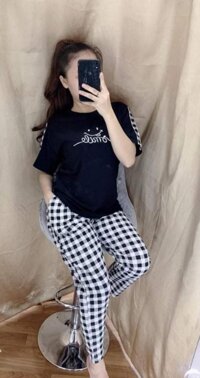 Đồ bộ mặc nhà quần dài phối sọc caro thun cotton thoáng mát - Đen - XL