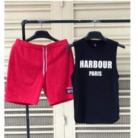 Đồ bộ nam mặc nhà in HARBOUR PARIS chất cotton 4 chiều vải đẹp - Áo đen-quần đỏ,size L < 70kg