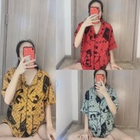 Đồ bộ ngủ mặc nhà Pyjama cánh dơi ,tay ngắn quần short kate lụa hình họa tiết chữ nổi bật.CD002