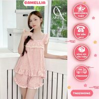 Đồ Bộ Ngủ Nữ Pijama Màu Caro Hồng Thiết Kế Sát Nách Chất Thô Đũi Hàn Phong Cách Tiểu Thư CAMELLIA TN021HONG