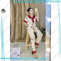 Đồ Bộ Ngủ Pijama Mặc Nhà Quần Dài Áo Tay Ngắn Cổ Bèo Tay Phồng Vải Satin Cao Cấp Mickey