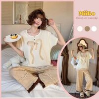 Đồ bộ nữ bộ mặc nhà áo thun ngắn tay nơ dễ thương phối quần caro dài, đồ ngủ cotton phong cách vintage HCOM25340 Miibo