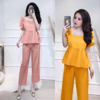 đồ bộ nữ cổ vuông baby doll chất đũi dễ mặc thoáng mát - Bộ đũi cổ vuông babydoll quần dài