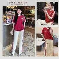 Đồ bộ nữ đồ mặc nhà áo phông đỏ cộc tay phối quần trắng sọc đỏ, đồ ngủ cotton cao cấp D1912 Yuka fashion