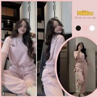Đồ bộ nữ đồ mặc nhà chất cotton màu hồng cổ tròn  tay ngắn quần dài thể thao, sét đồ nữ cao cấp HCOM25269 Miio