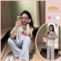Đồ bộ nữ đồ mặc nhà hello kity áo thun tay ngắn phối quần dài kẻ sọc xanh, đồ ngủ nữ thoải mái HCOM25401 Miibo