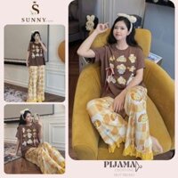 đồ bộ nữ đồ mặc nhà,đồ ngủ áo thun màu nâu tay in họa tiết hoạt hình phối quần kẻ sọc vàng nhạt Sunny hcom25348