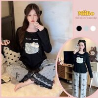 Đồ bộ nữ họa tiết chấm bi nơ áo phông cổ tròn dài tay in hình mèo, đồ ngủ nữ mặc nhà đi chơi HCOM3299 Miiboclothes