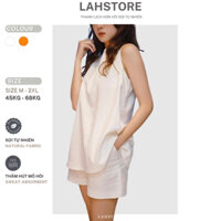 Đồ bộ nữ linen LAHSTORE áo sát nách form rộng quần short ống rộng lưng thun (Trắng, Cam)