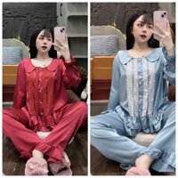 Đồ Bộ Nữ Mặc Nhà Áo Cổ Sen Ren Xinh Xắn, Chất Lụa Latin Mềm Mịn Mát Free Size 40-58kg