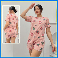 Đồ Bộ Nữ mặc nhà quần đùi dễ thương cotton DN3 - Set bộ ngủ thun cotton - Bộ đồ nữ mặc nhà - Hồng nhạt