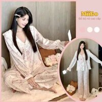 Đồ bộ nữ, Pijama lụa cổ chữ V họa tiết nơ màu hồng pastel phong cách tiểu thư đồ ngủ mặc nhà HCOM3294 Miiboclothes