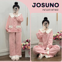 Đồ bộ nữ, pijama set đồ nữ dài tay thu đông kẻ hồng cổ sen phối ren siêu xinh JOSUNO hcom3233