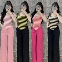 Đồ bộ nữ quần ống rộng có túi phối áo croptop ôm tay ngắn cổ vuông lai bầu thun gân borip, set đồ nữ