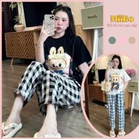 Đồ bộ nữ sét áo phông labubu 2 màu phối quần kẻ, đồ ngủ cotton mặc nhà đi chơi đều đẹp D1866 Miiboclothes