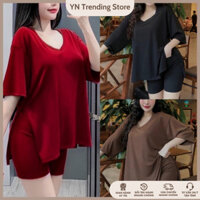 Đồ Bộ Nữ Set Bộ Nữ BigSize45-90kg BỘ NGỐ THUN TĂM HÀN VIỀN CỔ TIM Form Rộng, Chất Vải Mát Lạnh Phù Hợp Mùa Hè Women