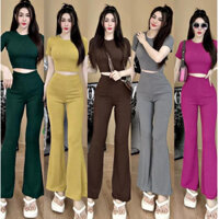 Đồ bộ nữ, set bộ quần ống loe lưng cao có túi và áo croptop ôm ngắn tay siêu tôn dáng vải thun cotton gân, đồ mặc ở nhà