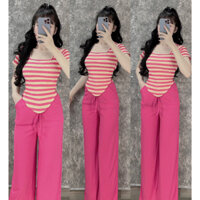 Đồ bộ nữ, set bộ quần ống rộng lưng cao có túi, áo croptop ôm ngắn tay cổ vuông lai bầu vải thun cotton gân, bộ đồ nữ