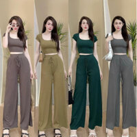 Đồ bộ nữ, set đồ bộ nữ gân tăm lạnh quần ống rộng và áo ngắn tay croptop cổ vuông, đồ mặc ở nhà