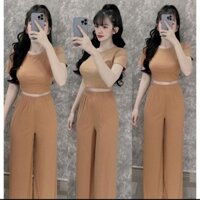 Đồ bộ nữ, set đồ bộ quần ống rộng đai cao có túi và áo croptop ôm ngắn tay vải thun cotton gân, đồ mặc ở nhà nữ