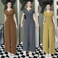 Đồ bộ nữ, set đồ bộ quần ống rộng và áo croptop ngắn tay thun gân tăm lạnh, bộ đồ mặc nhà nữ