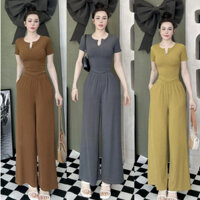 Đồ bộ nữ, set đồ bộ quần ống rộng đai cao có túi phối áo ôm ngắn tay lai bầu vải thun gân tăm lạnh, bộ đồ mặc ở nhà nữ