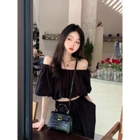 Đồ bộ nữ, set đồ bộ quần ống rộng đai cao rút dây có túi và áo croptop trễ vai tay phồng vải kate, đồ bộ mặc nhà M693