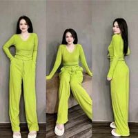 Đô bộ nữ, Set đồ bộ quần ống rộng có túi và áo dài tay cổ tim thun gân, đồ bộ ủ kem, bộ mặc nhà nữ