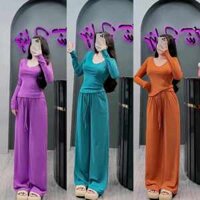 Đồ bộ nữ, set đồ bộ thun gân tăm lạnh quần ống rộng áo ôm tay dài xỏ ngón, đồ bộ ủ kem, set đồ nữ