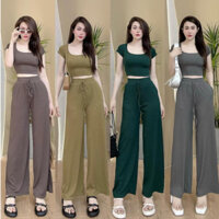 Đồ bộ nữ, set đồ nữ quần ống rộng có túi, áo croptop tay ngắn cổ vuông thun gân tăm lạnh, đồ mặc nhà