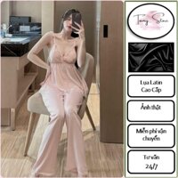 Đồ Bộ Nữ, Set Ngủ Áo 2 Dây Ren Sexy Quần Dài Chất Lụa Latin Mềm Mịn Siêu Xinh - Freesize