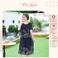 Đồ bộ nữ trung niên hàng Quảng Châu áo voan hoa xanh dương quần giả váy tặng mẹ V'vie Ladies