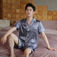 Đồ bộ pijama cộc tay nam họa tiết trơn - Đồ mặc nhà mùa hè chất liệu lụa phi bóng (Hàng có sẵn)