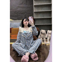 đồ bộ pijama đũi kẻ sọc tay dài tiểu thư phối ren xinh 40 đến 60kg vừa