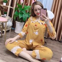 Đồ Bộ Pijama Nữ Màu Vàng Cam, Họa Tiết Thỏ, Tay Dài Quần Dài Vải Kate Lụa Mềm Mịn Phong Cách Tiểu Thư Amishashop98 MS029