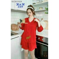 Đồ Bộ Pijama Quần Đùi Áo Tay Dài Cổ Lá Sen Màu Trơn