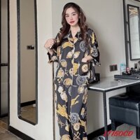 Đồ bộ pijama tay cánh dơi quần dài lụa Latin size M(50-70kg) đen họa tiết vàng LT150