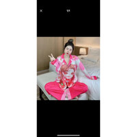 Đồ bộ pijama tay dài lụa xước cô gái hồng ,pijama mặc nhà thoải mái ,size dưới 60kg