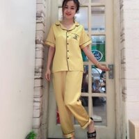 Đồ bộ pizama đồ ngủ mặc nhà phi lụa màu vàng