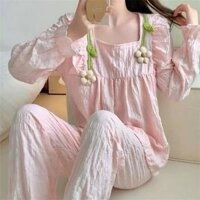 Đồ bộ pyjama - Bộ đồ tiểu thư có mút đệm ngực may liền áo phối hoa cổ áo