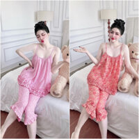 Đồ bộ pyjama mặc nhà 2 dây quần lửng chất liệu cao cấp thoáng mát.