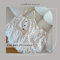 Đồ bộ Pyjama nữ mặc nhà 2 dây quần ngắn cherry vintage xô Muslin Hàn cao cấp - Comfort Haven
