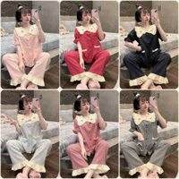 Đồ bộ Pyjama nữ tay ngắn cổ thêu dâu phối túi vải kẻ caro cao cấp nhiều màu xinh