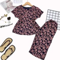 Đồ bộ quần áo trung niên nữ mặc nhà vải lụa hoa nhí kiểu quần lửng ống xuông rộng làm quà tặng bà tặng mẹ mùa hè